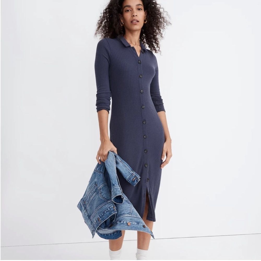 Madewell Button front Midi Cotton Shirt Dress Dark Baltic Bodycon Size Small NEW